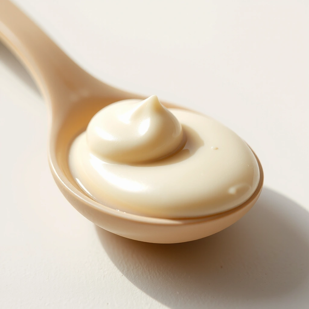 Tekstur krim pelembab yang kaya di atas sendok keramik